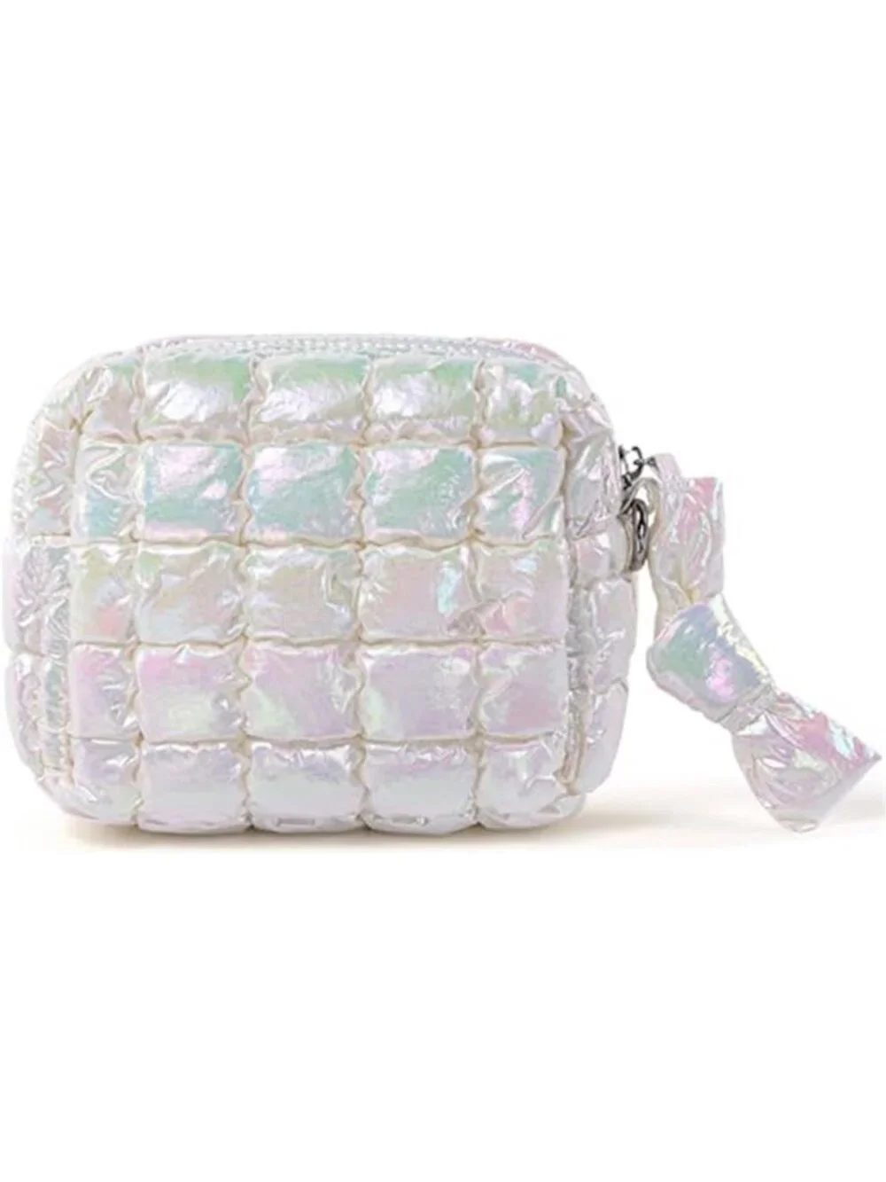 Quilted Makeup Bag, Puffy Cosmetic Bag Iridescent White Travel